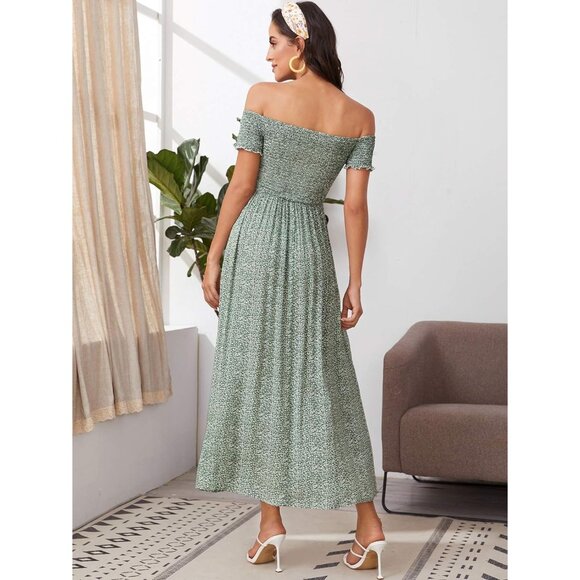 Women's Boho Floral Print Off Shoulder Split Long A Line Dress - Picture 2 of 6